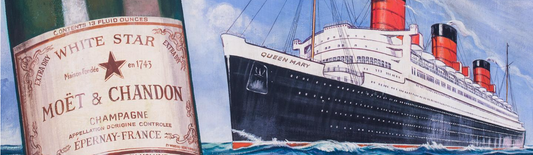 a 1920s poster for moet & chandon and the queen mary ship