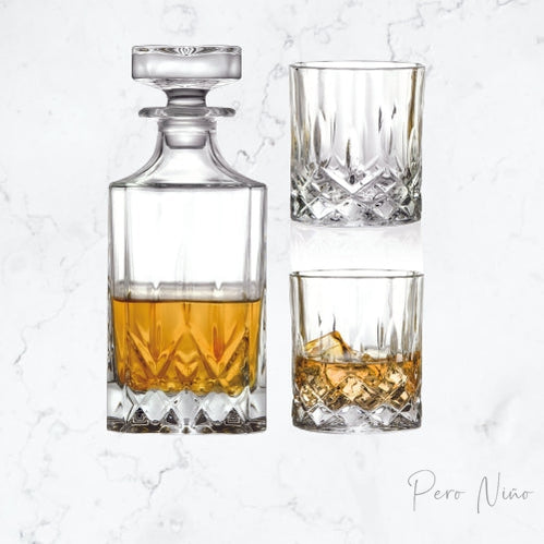 Pero Niño - Luxury Crystal Whiskey Decanter Set. Includes 2 Glasses. Made In Italy